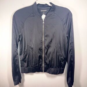 Express Women's Black Satin Silk Bomber Zip Up Jacket Size Small
